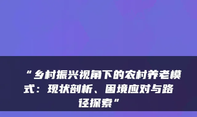 “乡村振兴视角下的农村养老模式:现状剖析、困境应对与路径探索”